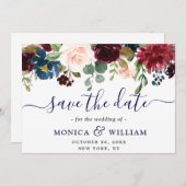 Burgundy Navy Blue Blush Rustic Floral Wedding Save The Date (Voorkant / Achterkant)