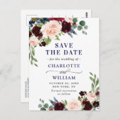 Burgundy Navy Blue Blush Trouw Save the Date Briefkaart (Voorkant / Achterkant)
