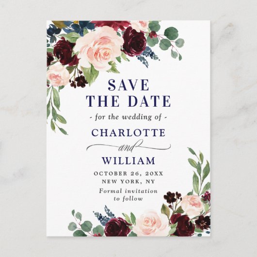 Burgundy Navy Blue Blush Trouw Save the Date Briefkaart (Voorkant)