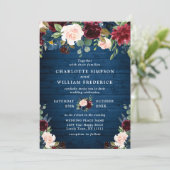 Burgundy Navy Blue Blush Waterverf Bloemen Bruilof Kaart (Staand voorkant)