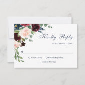 Burgundy Navy Blue Blush Waterverf Bloemen Bruilof RSVP Kaartje (Voorkant)