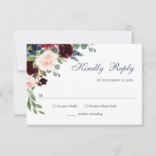 Burgundy Navy Blue Blush Waterverf Bloemen Bruilof RSVP Kaartje (Voorkant)