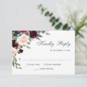 Burgundy Navy Blue Blush Waterverf Bloemen Bruilof RSVP Kaartje (Staand voorkant)