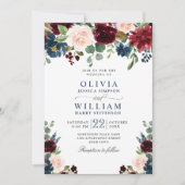 Burgundy Navy Blue Blush Waterverf Floral Wedding Kaart (Voorkant)