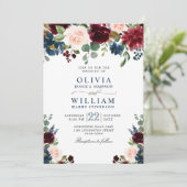 Burgundy Navy Blue Blush Waterverf Floral Wedding Kaart (Staand voorkant)