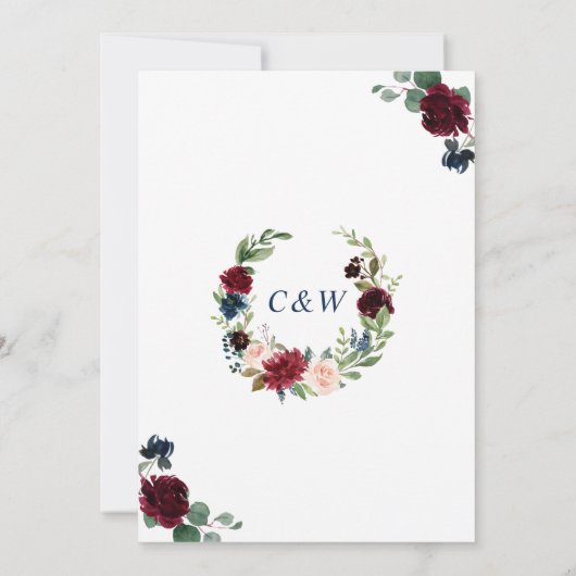 Burgundy Navy Blue Blush Waterverf Floral Wedding Kaart (Achterkant)