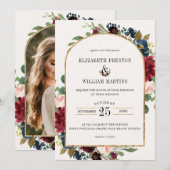 Burgundy Navy Blue Floral Arch Lijst Foto bruiloft Kaart (Voorkant / Achterkant)