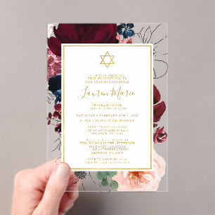 Burgundy Navy Blue Floral Bat Mitzvah Acryl Uitnodigingen