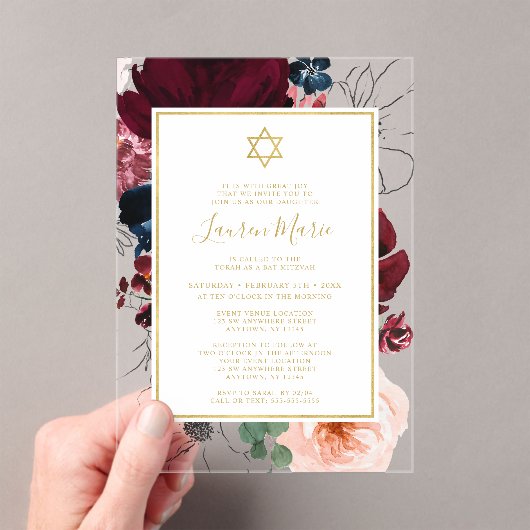Burgundy Navy Blue Floral Bat Mitzvah Acryl Uitnodigingen (Insitu (Draagbaar))