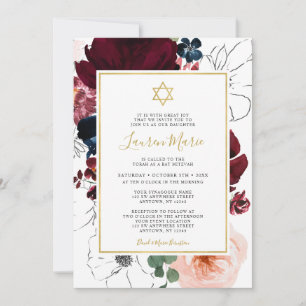 Burgundy Navy Blue Floral Bat Mitzvah Kaart