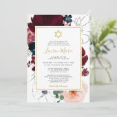 Burgundy Navy Blue Floral Bat Mitzvah Kaart (Staand voorkant)