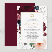 Burgundy Navy Blue Floral Bat Mitzvah Kaart (Voorkant / Achterkant)