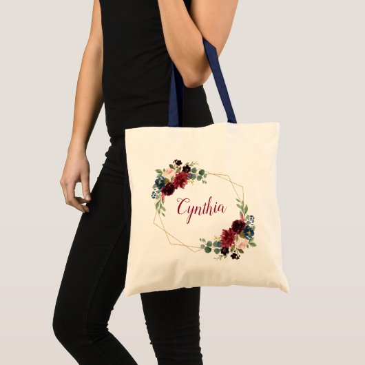 Burgundy Navy Blue Floral Classy Geometric Lijst Tote Bag (Voorkant (product))