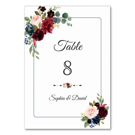 Burgundy Navy Blue Floral Dotted Lijst Wedding Kaart (Voorkant)