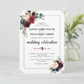 Burgundy Navy Blue Floral Dotted Lijst Wedding Kaart (Staand voorkant)