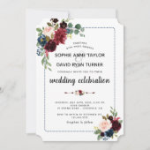 Burgundy Navy Blue Floral Dotted Lijst Wedding Kaart (Voorkant)