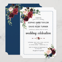 Burgundy Navy Blue Floral Dotted Lijst Wedding Kaart