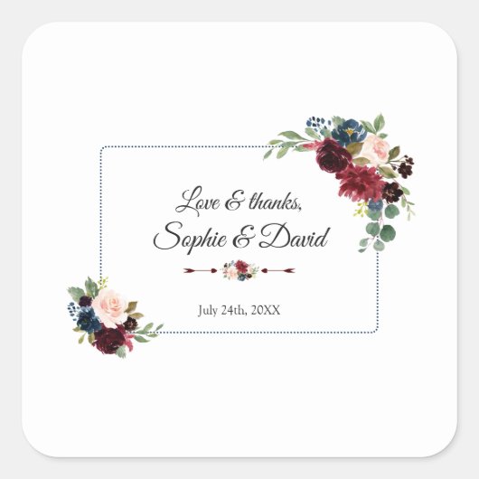 Burgundy Navy Blue Floral Dotted Lijst Wedding Vierkante Sticker (Voorkant)