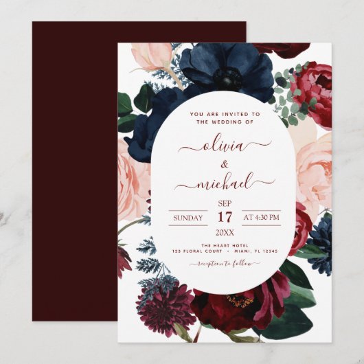 Burgundy Navy Blue Floral Eucalyptus Weddenschap Kaart (Voorkant / Achterkant)