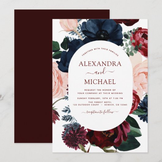 Burgundy Navy Blue Floral Eucalyptus Weddenschap Kaart (Voorkant / Achterkant)