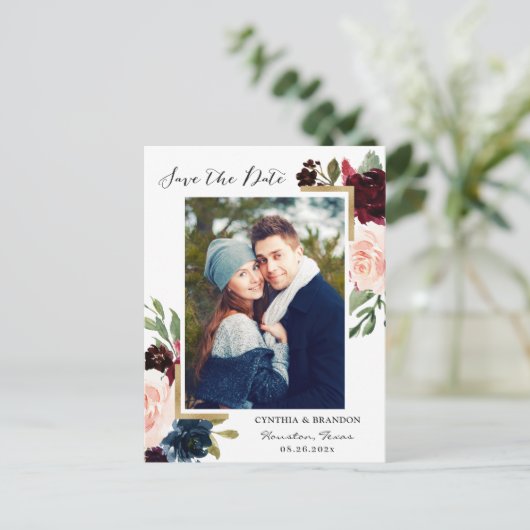 Burgundy Navy Blue Floral Foto Save the Date Briefkaart (Staand voorkant)