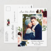Burgundy Navy Blue Floral Foto Save the Date Briefkaart (Voorkant / Achterkant)