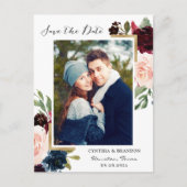 Burgundy Navy Blue Floral Foto Save the Date Briefkaart (Voorkant)
