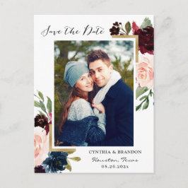 Burgundy Navy Blue Floral Foto Save the Date Briefkaart