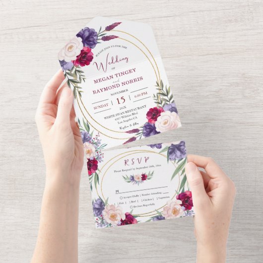 Burgundy Navy Blue Floral Gold Geometric Wedding All In One Uitnodiging (Afscheurbaar)