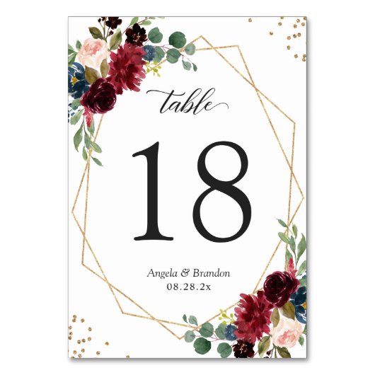 Burgundy Navy Blue Floral Gold Geometric Wedding Kaart (Voorkant)