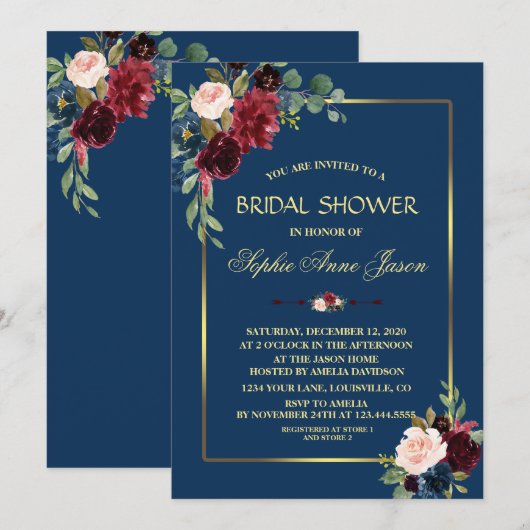 Burgundy Navy Blue Floral Gold Lijst Vrijgezellenf Kaart (Voorkant / Achterkant)