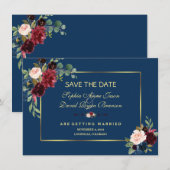 Burgundy Navy Blue Floral Golden Save the Date (Voorkant / Achterkant)