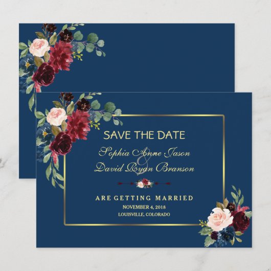 Burgundy Navy Blue Floral Golden Save the Date (Voorkant / Achterkant)