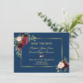 Burgundy Navy Blue Floral Golden Save the Date (Staand voorkant)
