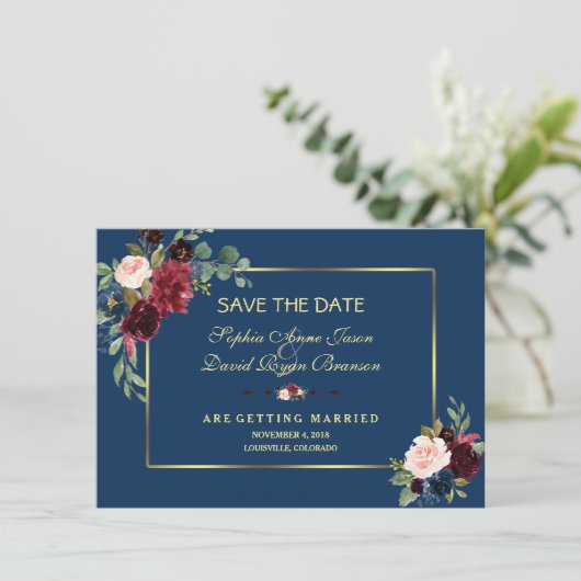 Burgundy Navy Blue Floral Golden Save the Date (Staand voorkant)