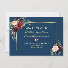 Burgundy Navy Blue Floral Golden Save the Date