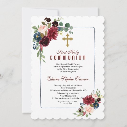 Burgundy Navy Blue Floral Lijst Heilige Communie Kaart (Voorkant)