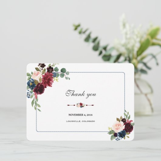 Burgundy Navy Blue Floral Lijst Weddenschap Kaart (Staand voorkant)