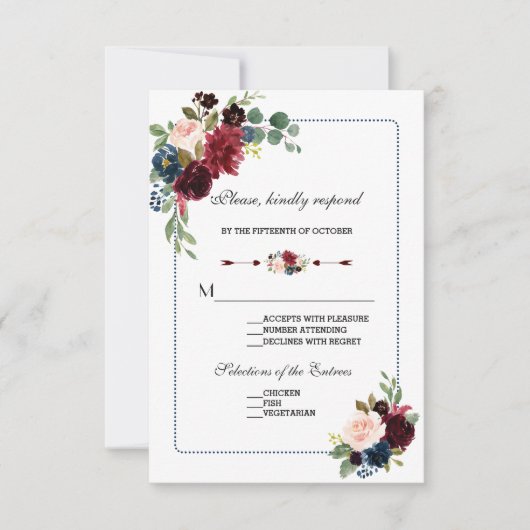 Burgundy Navy Blue Floral Lijst Wedding RSVP (Voorkant)