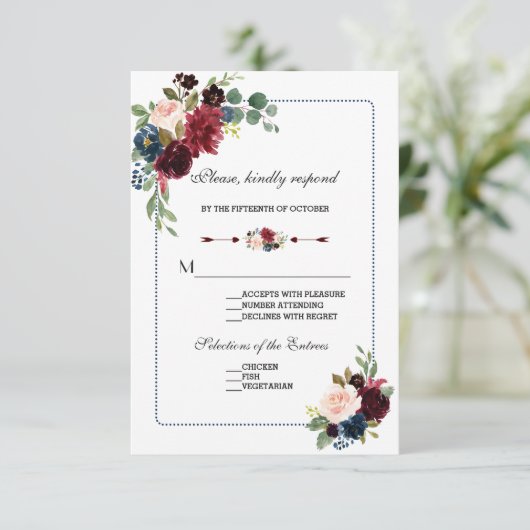 Burgundy Navy Blue Floral Lijst Wedding RSVP (Staand voorkant)