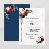 Burgundy Navy Blue Floral Lijst Wedding RSVP (Voorkant / Achterkant)