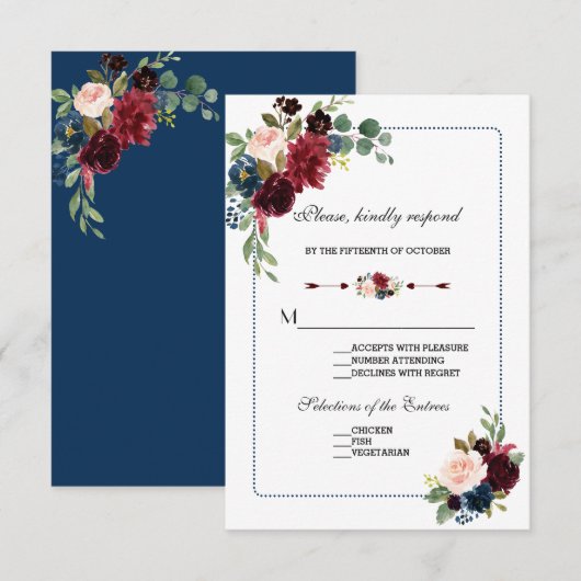 Burgundy Navy Blue Floral Lijst Wedding RSVP (Voorkant / Achterkant)
