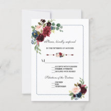 Burgundy Navy Blue Floral Lijst Wedding RSVP