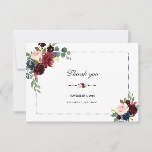 Burgundy Navy Blue Floral Lijst Wedding RSVP Bedankkaart (Voorkant)