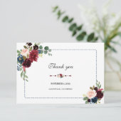 Burgundy Navy Blue Floral Lijst Wedding RSVP Bedankkaart (Staand voorkant)
