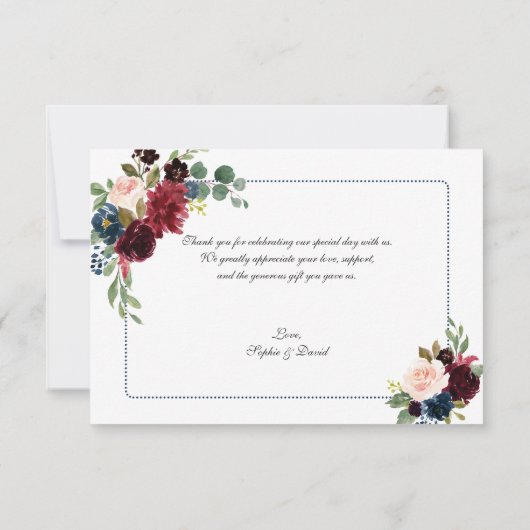 Burgundy Navy Blue Floral Lijst Wedding RSVP Bedankkaart (Achterkant)