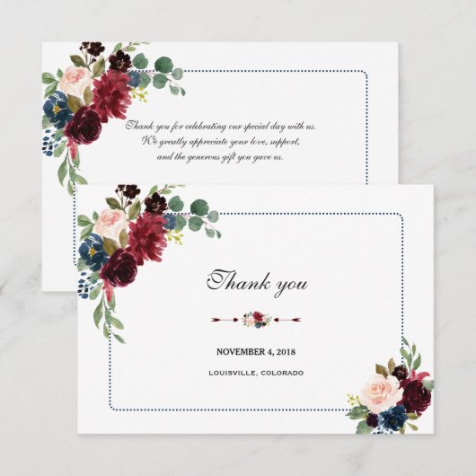 Burgundy Navy Blue Floral Lijst Wedding RSVP Bedankkaart (Voorkant / Achterkant)