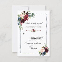 Burgundy Navy Blue Floral Lijst Wedding RSVP Kaartje
