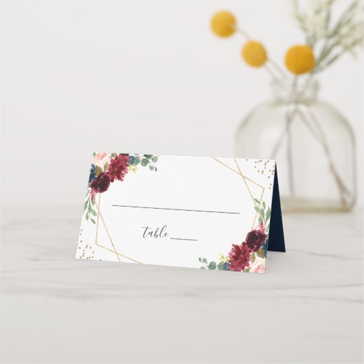 Burgundy Navy Blue Floral Modern Geometric Wedding Plaatskaartje (Voorkant)