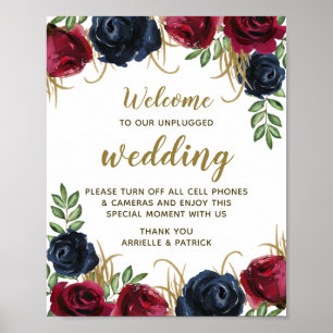Burgundy Navy Blue Floral niet-plugged Wedding Sig Poster